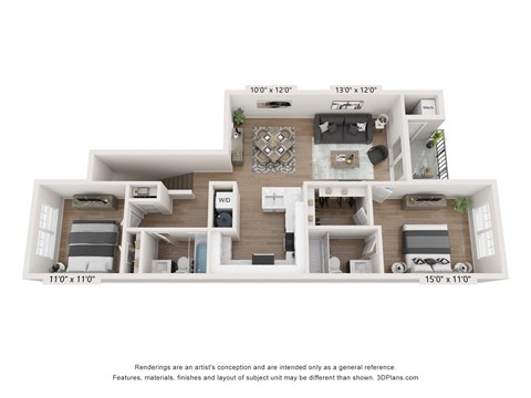 Floor plan for 2 beds, 2 baths, 1100 sqft